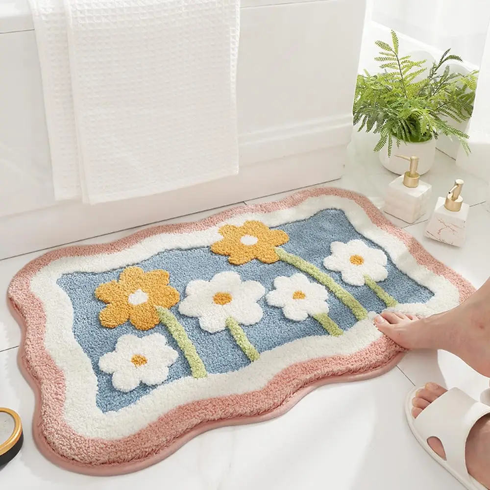 Cute Flower Bath Mat, Non Slip Water Absorbent Bathroom Rugs, Extra Soft Foot Mats, Machine Washable Quick Drying Bath Carpet fo